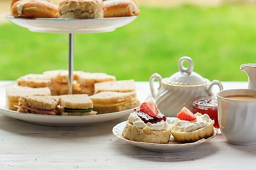 afternoon tea setup with cakes and treats on table with grass in the background at West Midlands Safari Park