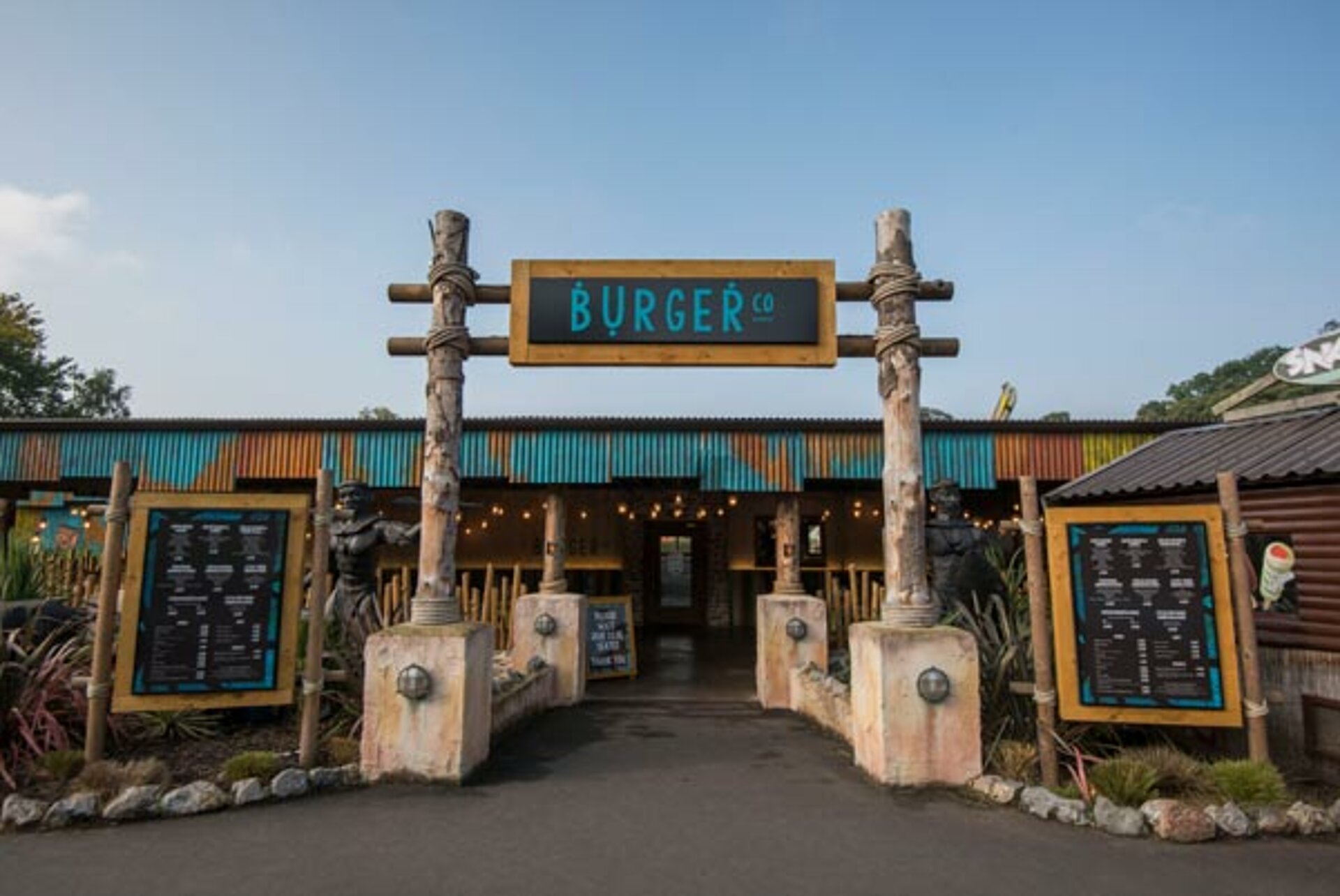 Exterior entrance of the Burger Co at West Midlands Safari Park, showing the restaurant signage and welcoming facade