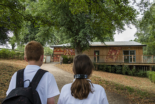Children outside the education classroom at West Midlands Safari Park